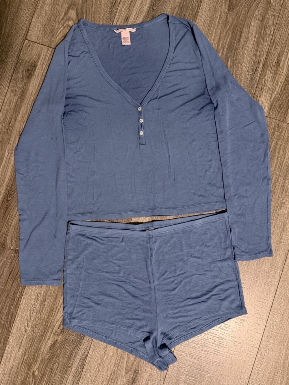 Victoria's Secret Blue Long-Sleeve Henley Top & Matching Shorts Pajama Set